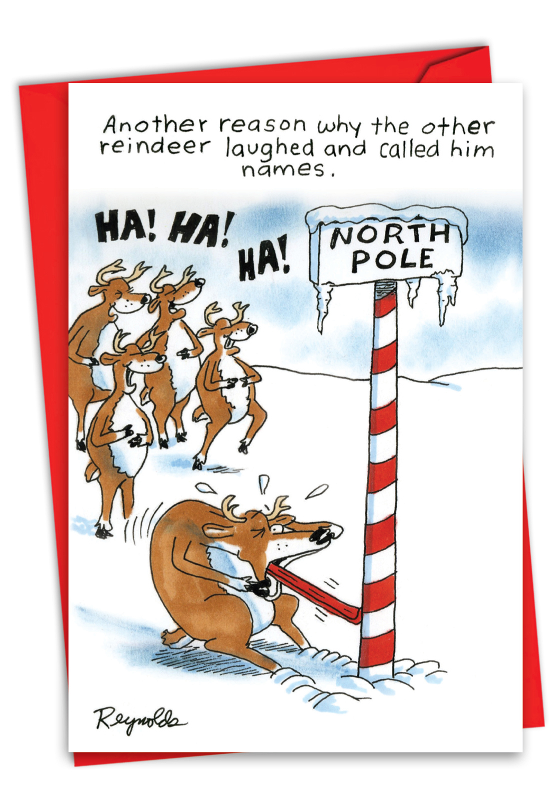 Hysterical Merry Christmas Printed Greeting Card By Daniel Reynolds From NobleWorksCards.com - Tongue on North Pole