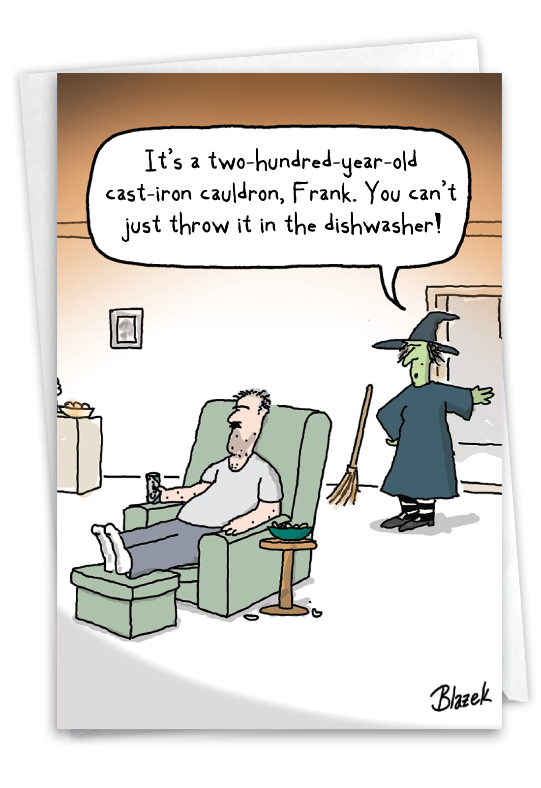 Hysterical Halloween Greeting Card By Dave Blazek From NobleWorksCards.com - Witch Dishwasher