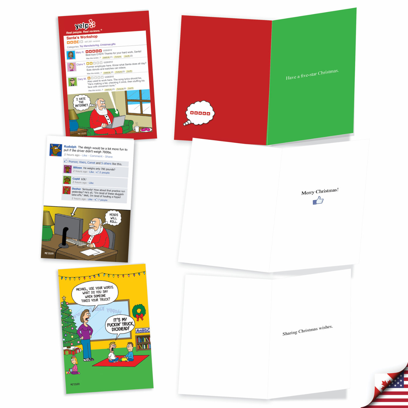 Funny Merry Christmas Mixed Set of 20 Cards Cats, Dogs, Reindeers