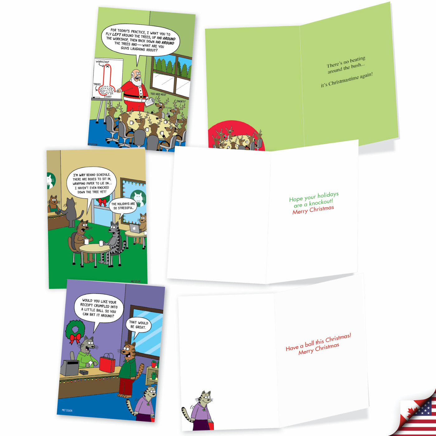 Funny Merry Christmas Mixed Set of 20 Cards Cats, Dogs, Reindeers