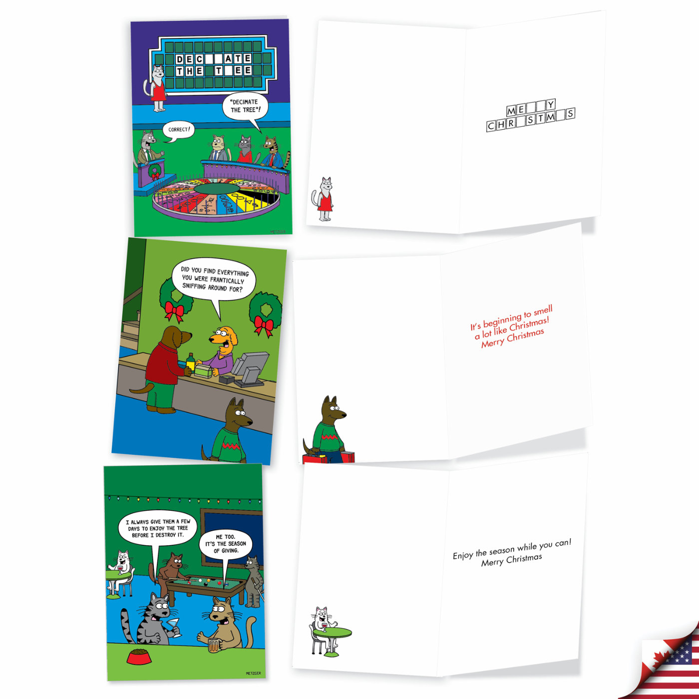 Funny Merry Christmas Mixed Set of 20 Cards Cats, Dogs, Reindeers